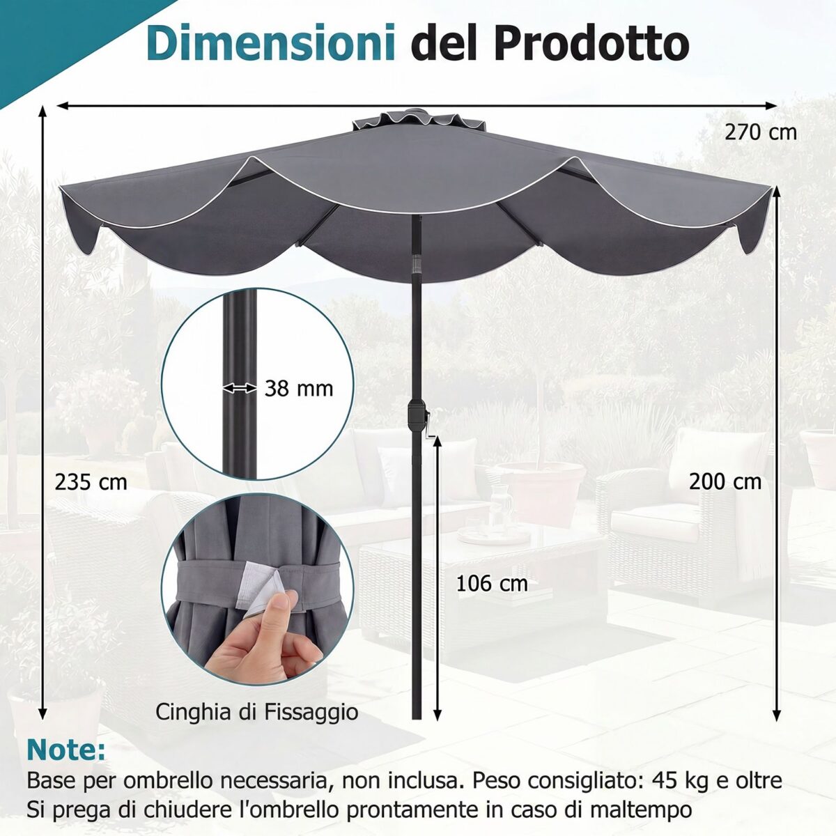 Costway Ombrellone da giardino con 8 costole palo in metallo parte superiore ventilata e manovella, Ombrellone da esterno inclinabile 30° Grigio - immagine 6