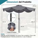 Costway Ombrellone da giardino con 8 costole palo in metallo parte superiore ventilata e manovella, Ombrellone da esterno inclinabile 30° Grigio - immagine 6