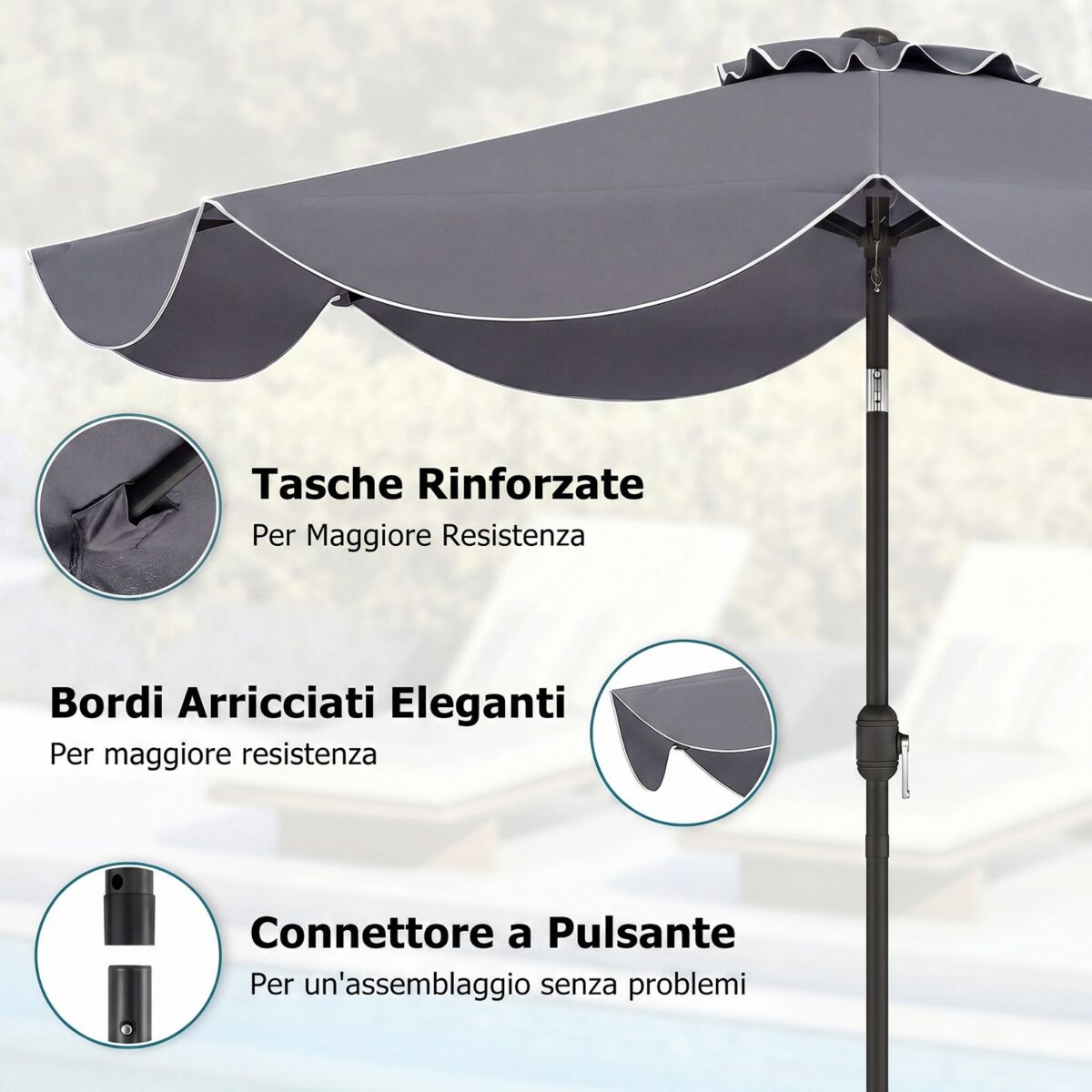 Costway Ombrellone da giardino con 8 costole palo in metallo parte superiore ventilata e manovella, Ombrellone da esterno inclinabile 30° Grigio - immagine 8