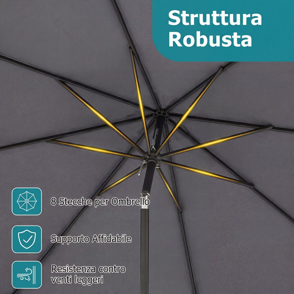 Costway Ombrellone da giardino con 8 costole palo in metallo parte superiore ventilata e manovella, Ombrellone da esterno inclinabile 30° Grigio - immagine 9