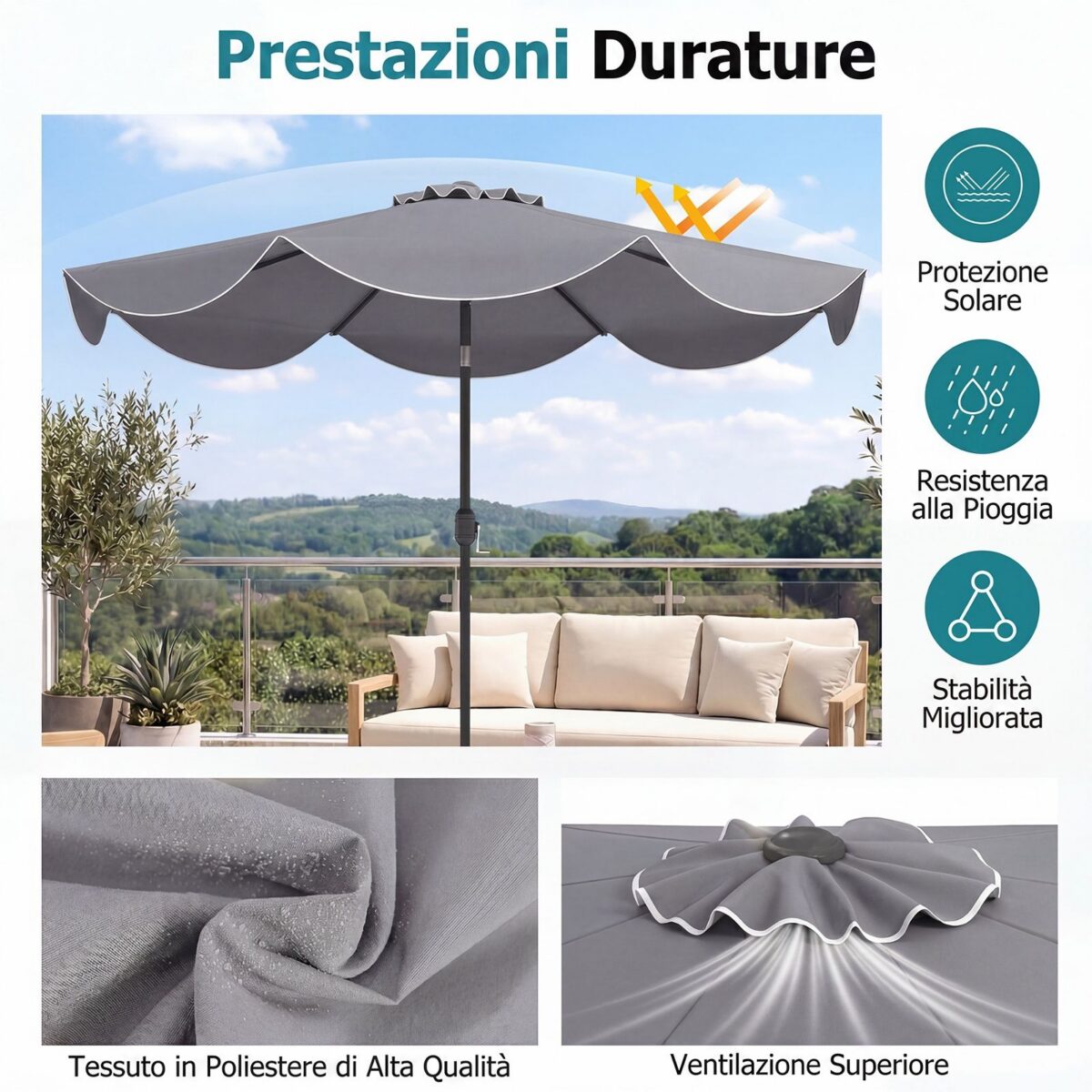 Costway Ombrellone da giardino con 8 costole palo in metallo parte superiore ventilata e manovella, Ombrellone da esterno inclinabile 30° Grigio - immagine 10