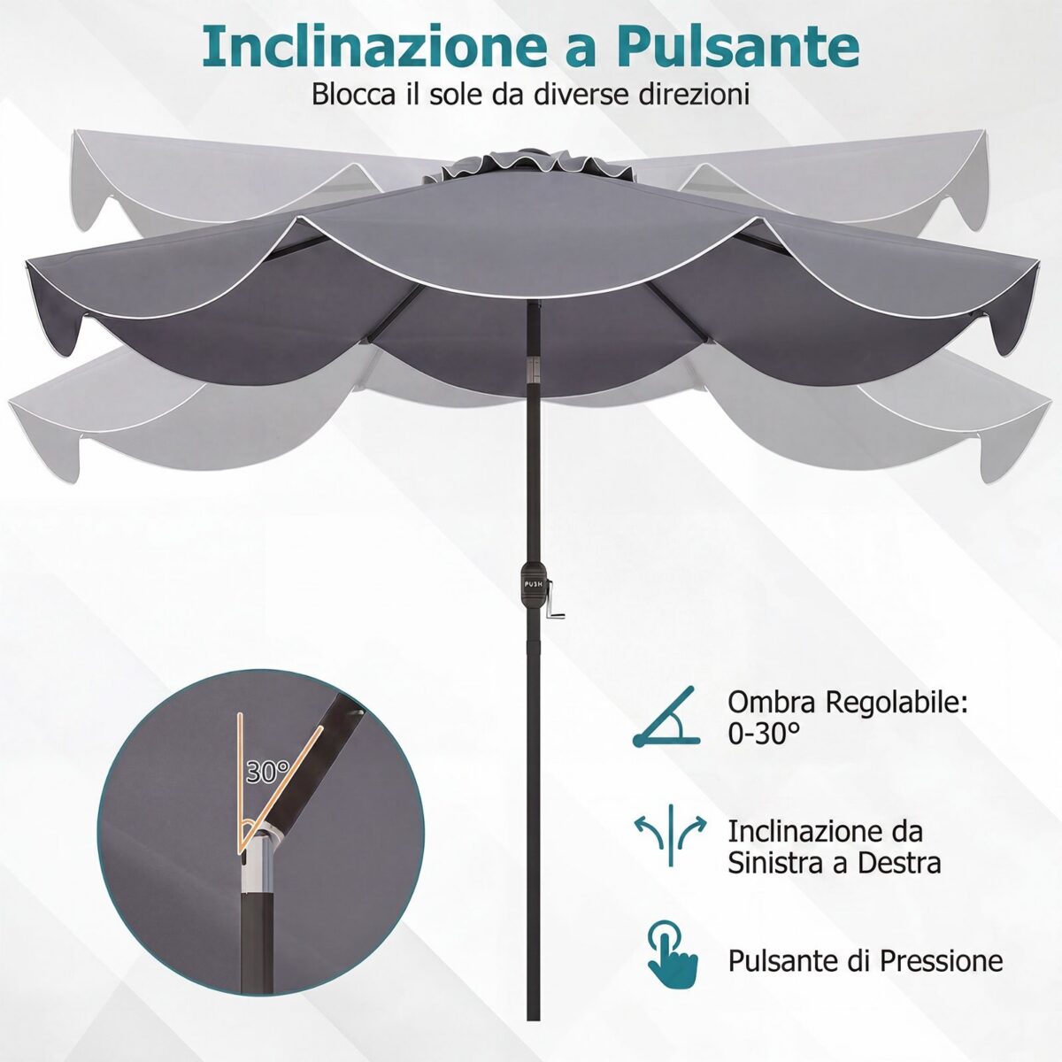 Costway Ombrellone da giardino con 8 costole palo in metallo parte superiore ventilata e manovella, Ombrellone da esterno inclinabile 30° Grigio - immagine 11