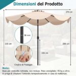 Costway Ombrellone da giardino con 8 costole palo in metallo parte superiore ventilata e manovella, Ombrellone da esterno inclinabile 30° Beige - immagine 3