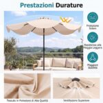 Costway Ombrellone da giardino con 8 costole palo in metallo parte superiore ventilata e manovella, Ombrellone da esterno inclinabile 30° Beige - immagine 5
