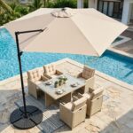 Costway Ombrellone da giardino con rotazione a 360° palo e costole in metallo base parte superiore ventilata, Ombrellone 3 x 3 m Beige - immagine 2