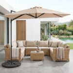 Costway Ombrellone da giardino con rotazione a 360° palo e costole in metallo base parte superiore ventilata, Ombrellone 3 x 3 m Beige - immagine 3