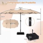 Costway Ombrellone da giardino doppio 108 luci led solari 12 modalit&agrave; 3 prese d'aria manovella e base, Ombrellone da esterno con 12 stecche Beige - immagine 5