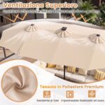 Costway Ombrellone da giardino doppio 108 luci led solari 12 modalit&agrave; 3 prese d'aria manovella e base, Ombrellone da esterno con 12 stecche Beige - immagine 6