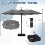 Costway Ombrellone da giardino doppio 108 luci led solari 12 modalità 3 prese d'aria manovella e base, Ombrellone da esterno con 12 stecche Grigio - immagine 5