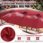 Costway Ombrellone da giardino doppio 108 luci led solari 12 modalit&agrave; 3 prese d'aria manovella e base, Ombrellone da esterno con 12 stecche Bordeaux - immagine 6
