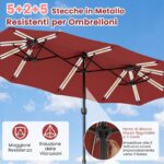 Costway Ombrellone da giardino doppio 108 luci led solari 12 modalit&agrave; 3 prese d'aria manovella e base, Ombrellone da esterno con 12 stecche Bordeaux - immagine 7