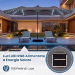 Costway Ombrellone da giardino doppio 108 luci led solari 12 modalità 3 prese d'aria manovella e base, Ombrellone da esterno con 12 stecche Grigio - immagine 7