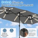 Costway Ombrellone da giardino doppio 108 luci led solari 12 modalità 3 prese d'aria manovella e base, Ombrellone da esterno con 12 stecche Grigio - immagine 11