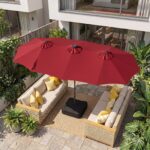 Costway Ombrellone da giardino doppio 108 luci led solari 12 modalit&agrave; 3 prese d'aria manovella e base, Ombrellone da esterno con 12 stecche Bordeaux - immagine 2