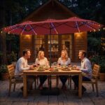Costway Ombrellone da giardino doppio 108 luci led solari 12 modalit&agrave; 3 prese d'aria manovella e base, Ombrellone da esterno con 12 stecche Bordeaux - immagine 3