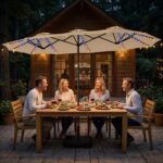 Costway Ombrellone da giardino doppio 108 luci led solari 12 modalit&agrave; 3 prese d'aria manovella e base, Ombrellone da esterno con 12 stecche Beige - immagine 3
