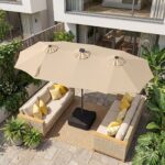 Costway Ombrellone da giardino doppio 108 luci led solari 12 modalit&agrave; 3 prese d'aria manovella e base, Ombrellone da esterno con 12 stecche Beige - immagine 2