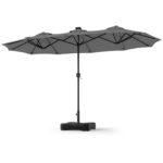 Costway Ombrellone da giardino doppio 108 luci led solari 12 modalità 3 prese d'aria manovella e base, Ombrellone da esterno con 12 stecche Grigio