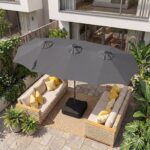 Costway Ombrellone da giardino doppio 108 luci led solari 12 modalità 3 prese d'aria manovella e base, Ombrellone da esterno con 12 stecche Grigio - immagine 2