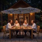 Costway Ombrellone da giardino doppio 108 luci led solari 12 modalità 3 prese d'aria manovella e base, Ombrellone da esterno con 12 stecche Grigio - immagine 3