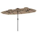 Costway Ombrellone da giardino doppio con luci LED manovella pannello solare 12 stecche metalliche, Ombrellone da esterno Marrone - immagine 2
