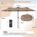Costway Ombrellone da giardino doppio con luci LED manovella pannello solare 12 stecche metalliche, Ombrellone da esterno Marrone - immagine 3