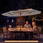 Costway Ombrellone da giardino doppio con luci LED manovella pannello solare 12 stecche metalliche, Ombrellone da esterno Marrone - immagine 11
