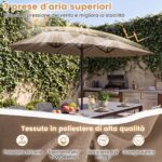 Costway Ombrellone da giardino doppio con luci LED manovella pannello solare 12 stecche metalliche, Ombrellone da esterno Marrone - immagine 8