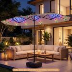 Costway Ombrellone da giardino doppio con luci LED manovella pannello solare 12 stecche metalliche, Ombrellone da esterno Marrone - immagine 10