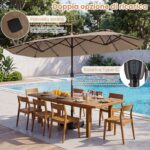 Costway Ombrellone da giardino doppio con luci LED manovella pannello solare 12 stecche metalliche, Ombrellone da esterno Marrone - immagine 9