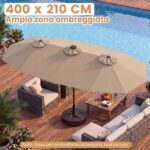 Costway Ombrellone da giardino doppio con luci LED manovella pannello solare 12 stecche metalliche, Ombrellone da esterno Marrone - immagine 7