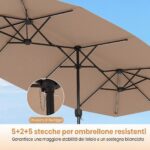 Costway Ombrellone da giardino doppio con luci LED manovella pannello solare 12 stecche metalliche, Ombrellone da esterno Marrone - immagine 5