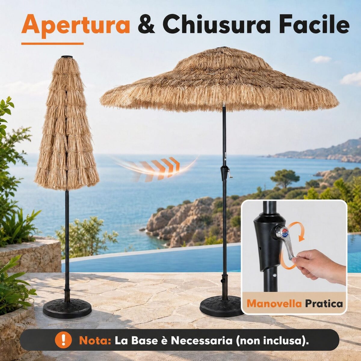 Costway Ombrellone di Paglia 275x251cm inclinabile 30° 8costole palo metallo manovella, Parasole hawaiano per giardino e cortile - immagine 5