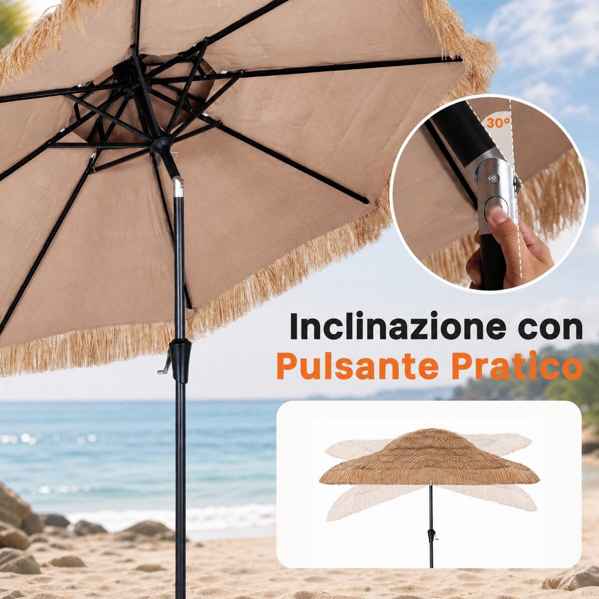 Costway Ombrellone di Paglia 275x251cm inclinabile 30° 8costole palo metallo manovella, Parasole hawaiano per giardino e cortile - immagine 6