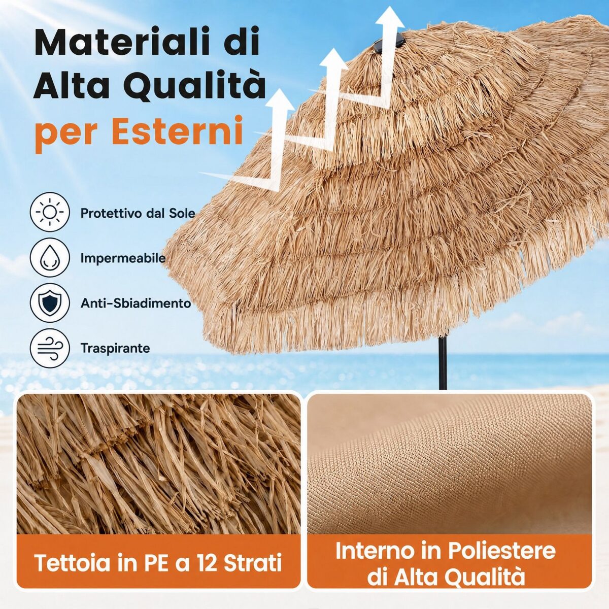 Costway Ombrellone di Paglia 275x251cm inclinabile 30° 8costole palo metallo manovella, Parasole hawaiano per giardino e cortile - immagine 7