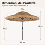Costway Ombrellone di Paglia 275x251cm inclinabile 30° 8costole palo metallo manovella, Parasole hawaiano per giardino e cortile - immagine 2