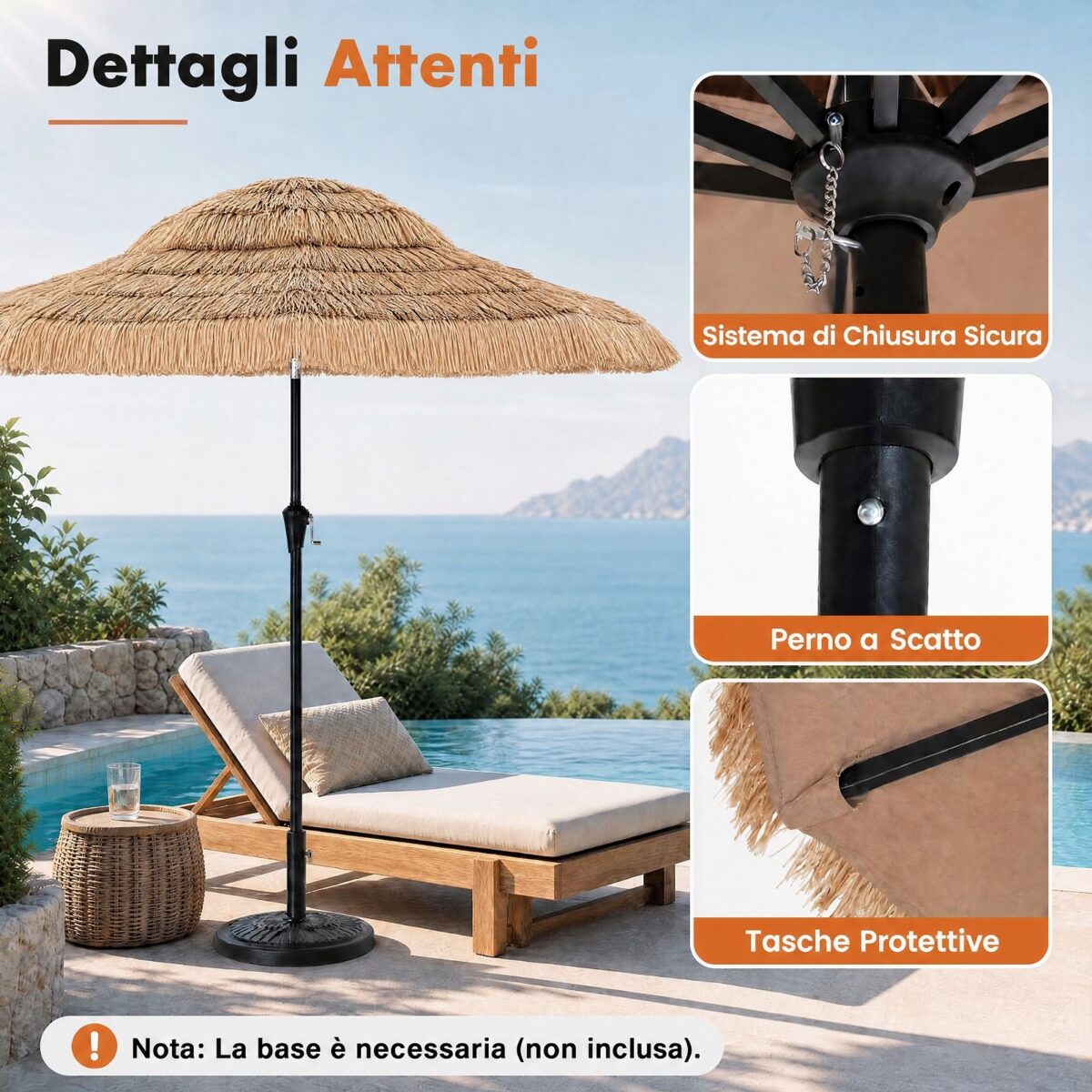 Costway Ombrellone di Paglia 275x251cm inclinabile 30° 8costole palo metallo manovella, Parasole hawaiano per giardino e cortile - immagine 9