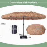 Costway Ombrellone di paglia con 12 stecche palo in metallo base e manovella, Ombrellone da giardino 450 x 270 cm Marrone - immagine 4