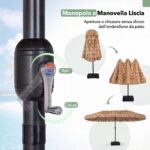 Costway Ombrellone di paglia con 12 stecche palo in metallo base e manovella, Ombrellone da giardino 450 x 270 cm Marrone - immagine 7