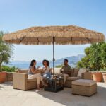 Costway Ombrellone di paglia con 12 stecche palo in metallo base e manovella, Ombrellone da giardino 450 x 270 cm Marrone - immagine 2