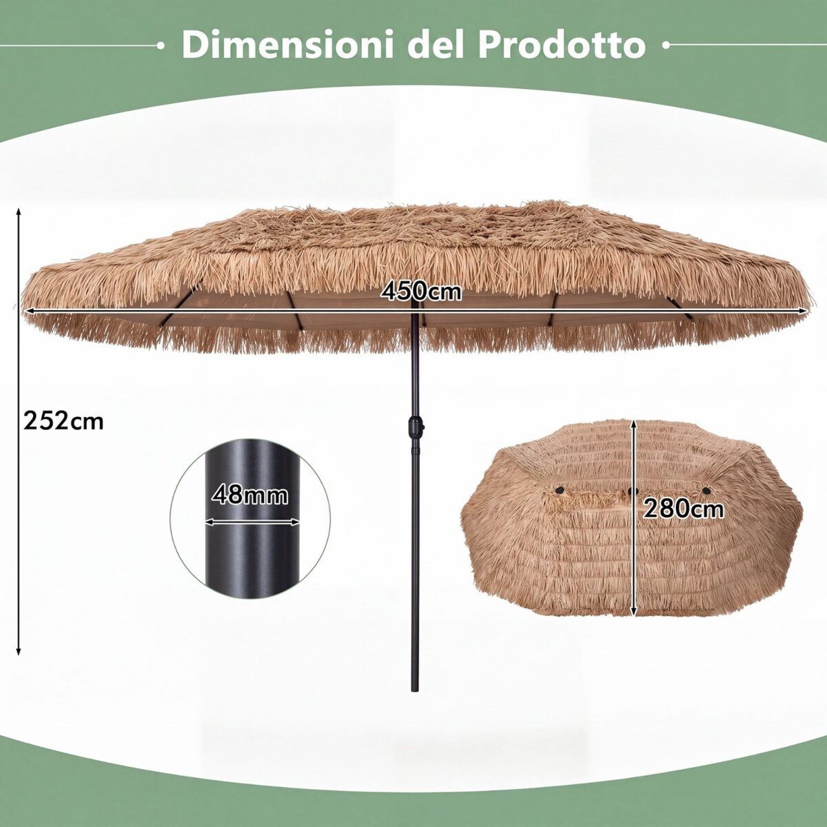 Costway Ombrellone di paglia con 12 stecche palo in metallo e manovella, Ombrellone da giardino 450 x 270 cm Marrone - immagine 3