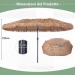 Costway Ombrellone di paglia con 12 stecche palo in metallo e manovella, Ombrellone da giardino 450 x 270 cm Marrone - immagine 3
