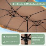 Costway Ombrellone di paglia con 12 stecche palo in metallo luci led e manovella, Ombrellone da giardino 450 x 270 cm Marrone - immagine 9