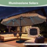 Costway Ombrellone di paglia con 12 stecche palo in metallo luci led e manovella, Ombrellone da giardino 450 x 270 cm Marrone - immagine 10