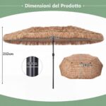 Costway Ombrellone di paglia con 12 stecche palo in metallo luci led e manovella, Ombrellone da giardino 450 x 270 cm Marrone - immagine 4