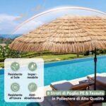 Costway Ombrellone di paglia con 12 stecche palo in metallo luci led e manovella, Ombrellone da giardino 450 x 270 cm Marrone - immagine 12