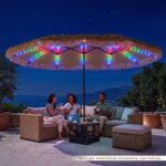 Costway Ombrellone di paglia con 12 stecche palo in metallo luci led e manovella, Ombrellone da giardino 450 x 270 cm Marrone - immagine 6