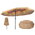 Costway Ombrellone di paglia con 12 stecche palo in metallo luci led e manovella, Ombrellone da giardino 450 x 270 cm Marrone