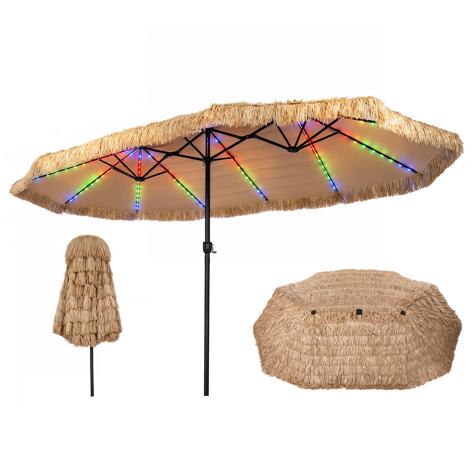 Ombrellone-di-paglia-con-12-stecche-palo-in-metallo-luci-led-e-manovella-mediaId105179147-1784192142.jpg Costway Ombrellone di paglia con 12 stecche palo in metallo luci led e manovella, Ombrellone da giardino 450 x 270 cm Marrone - immagine 1