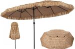 Costway Ombrellone di paglia con LED e base e manovella, Parasole hawaiano da giardino con stecche robuste e palo metallo
